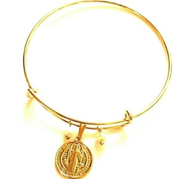 Saint Benedict medal and freshwater pearls rire adjustable bracelet bangle - Picture 2 of 4
